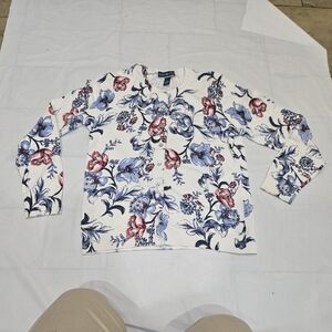 Karen Scott Cardigan White with Navy Floral Accents.sz M